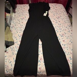 🖤 1.STATE NWT L Ruffle Mock Neck Wide Leg Jumpsuit Black